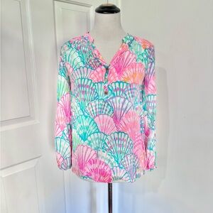 LILLY PULITZER 100% Silk Elsa Top SHELLO Bright Long Sleeve XS Blouse Button